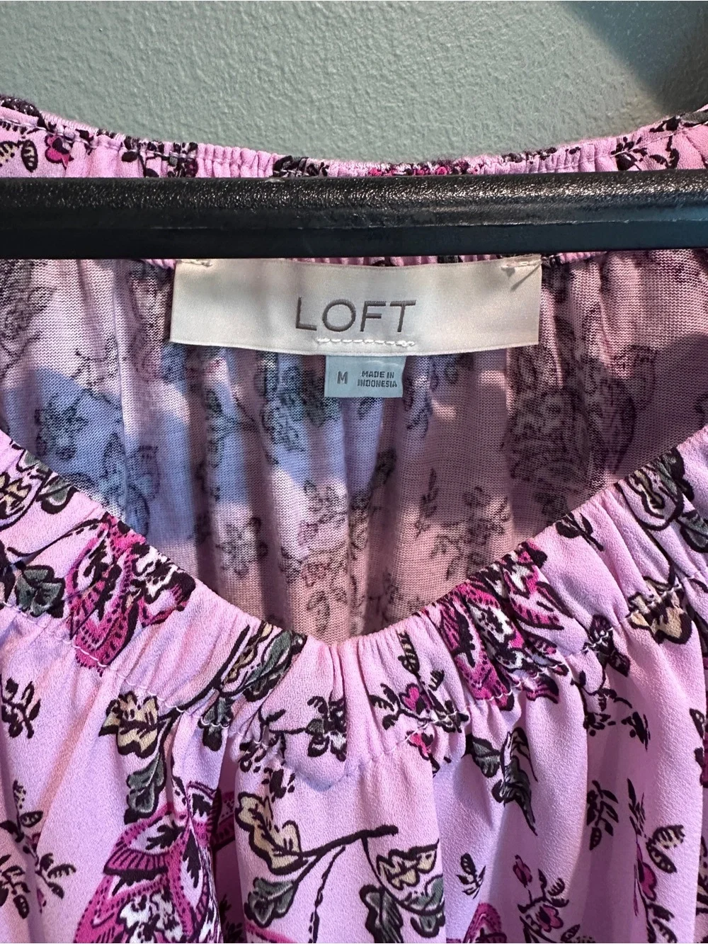 LOFT Pink Floral Gathered Neck Blouse